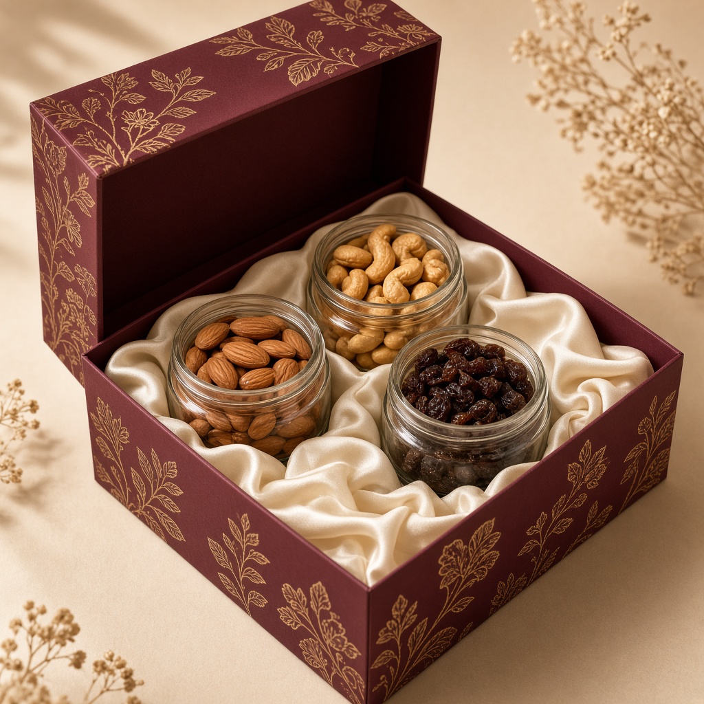 A maroon wedding gift box filled with dry fruit