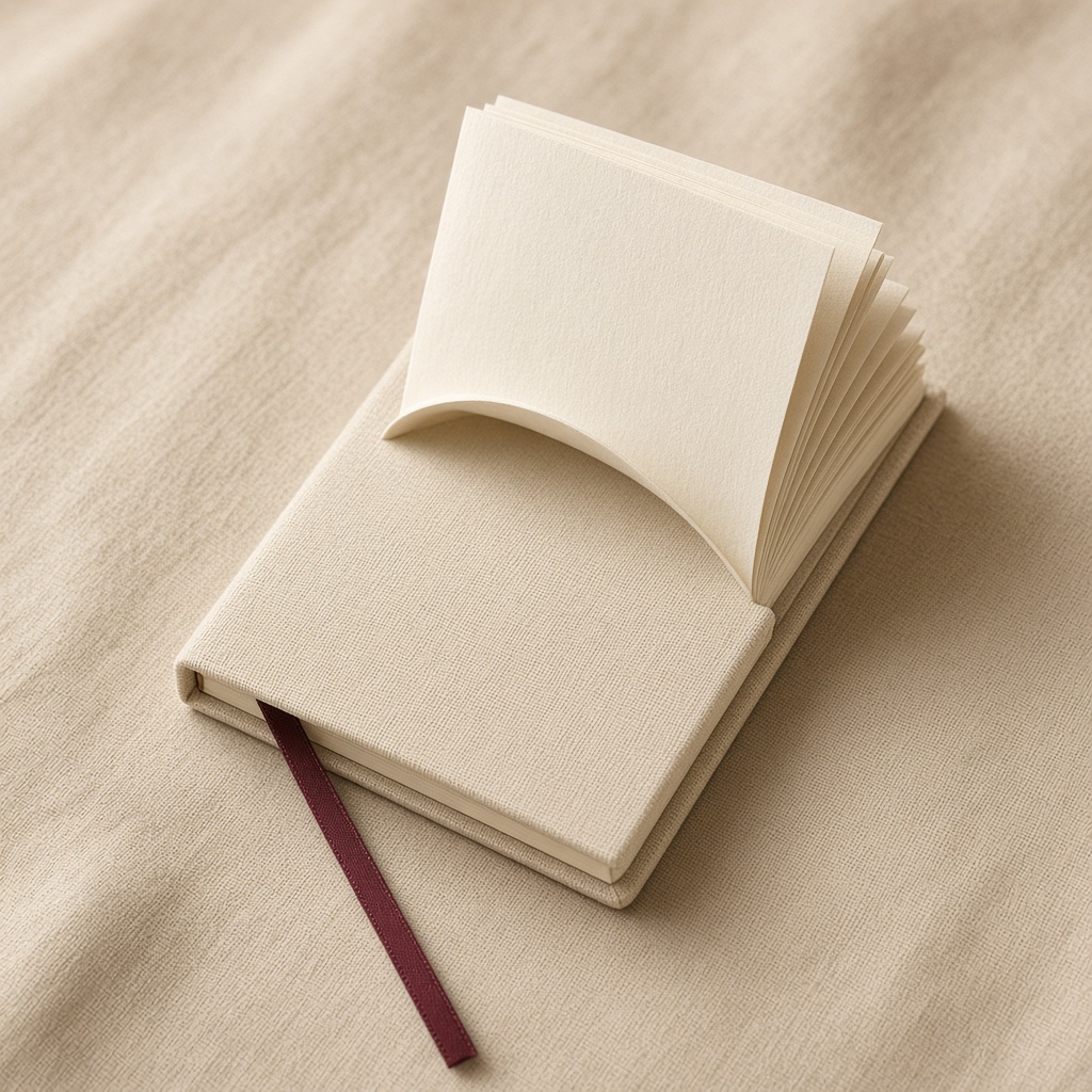 A linen notebook with a ribbon bookmark