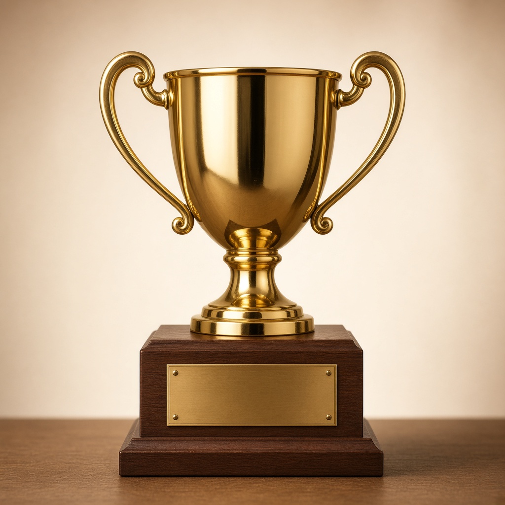 A gold trophy cup on a wooden base